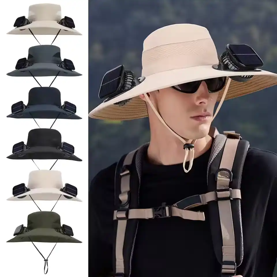 Solar Fan Hat for Men Women, Wide Brim Sun Protection Hat with Dual Solar Fans, 2-in-1 Hands-Free Cooling Cap