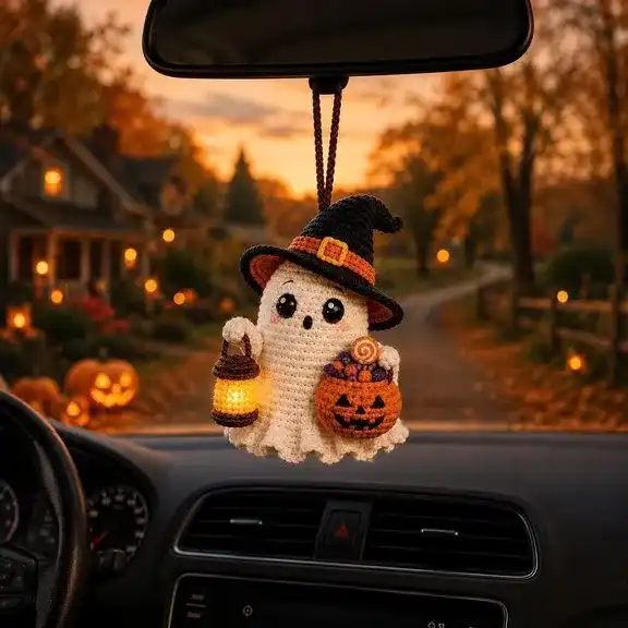 Crochet - Crochet Ghost Car Charm, Handmade Halloween Mirror Accessory, Cute Spooky Car Decor, Amigurumi Ghost